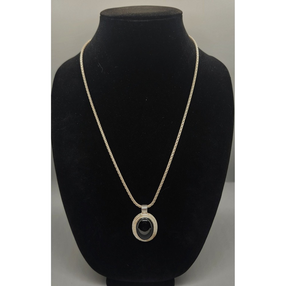 Roman Black Cabochon Pendant Necklace Silver Tone Chain